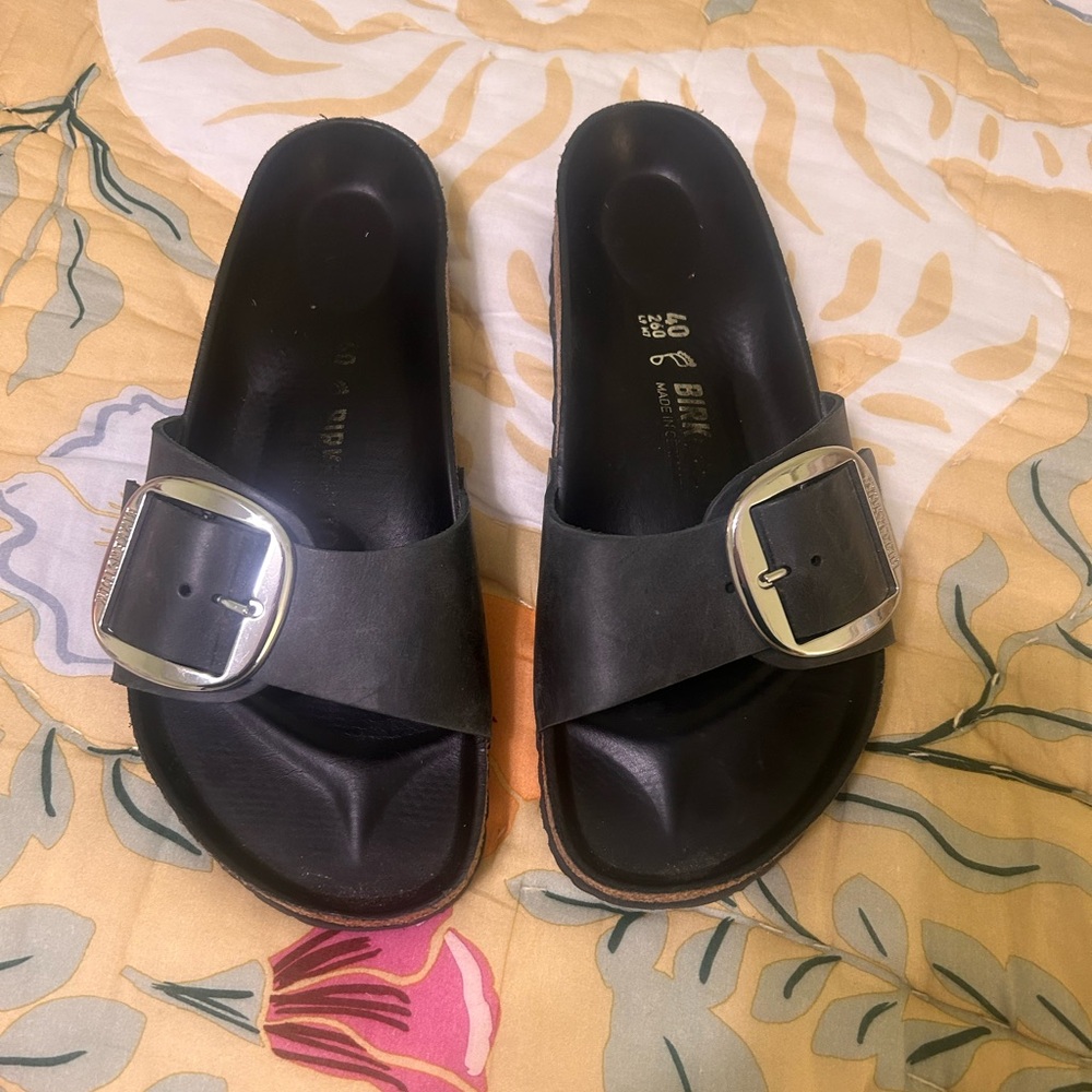 Birkenstock “Wide” Black Sandals with Silver Buckle